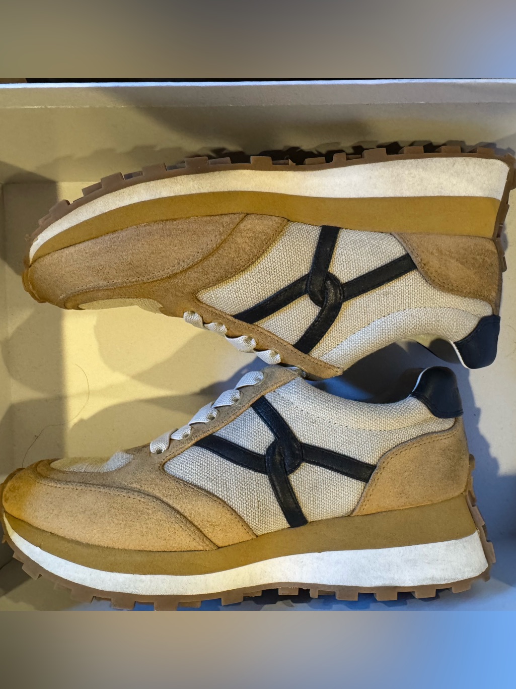 Veronica Beard Women’s Tan Suede & Cream Canvas Sneakers With Black Trim